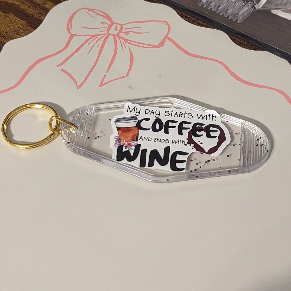 2 For $5:Item: Coffee & Wine Glitter Acrylic Motel Keychain NEW!